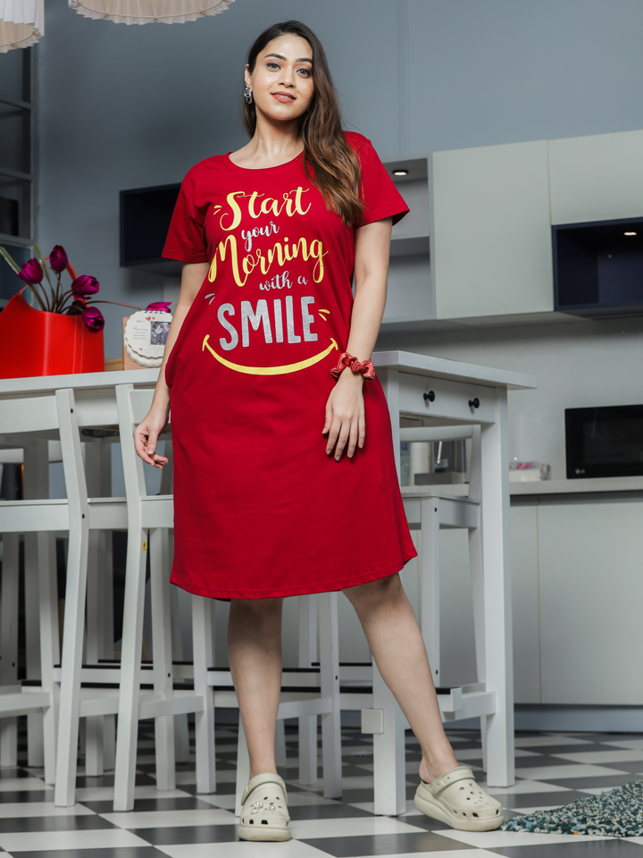 Soft High Quality Cotton Ruby Red Printed Short Nighty for Women