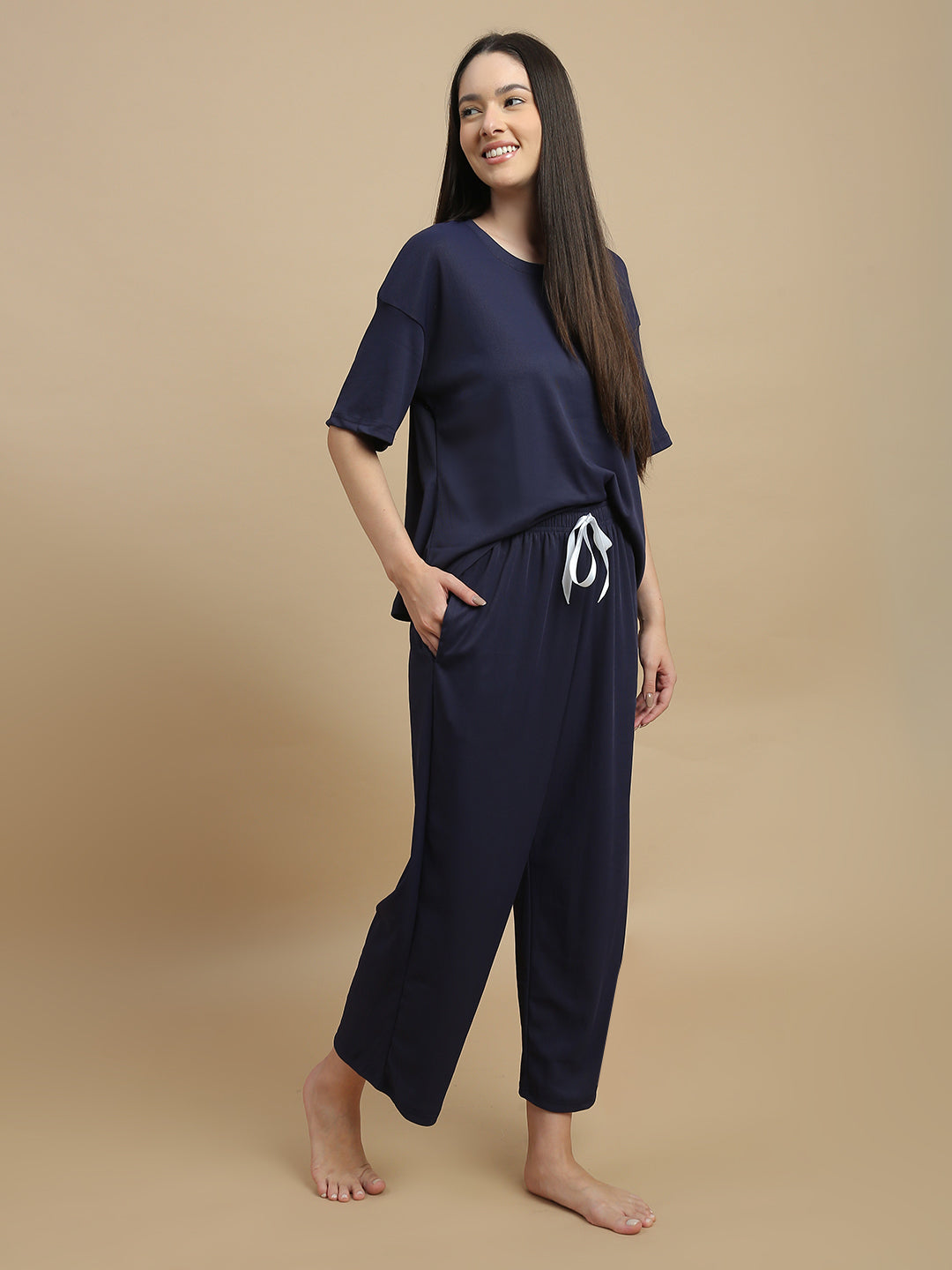 Blue Aura Solid Micro Rib Pyjama Set for Women