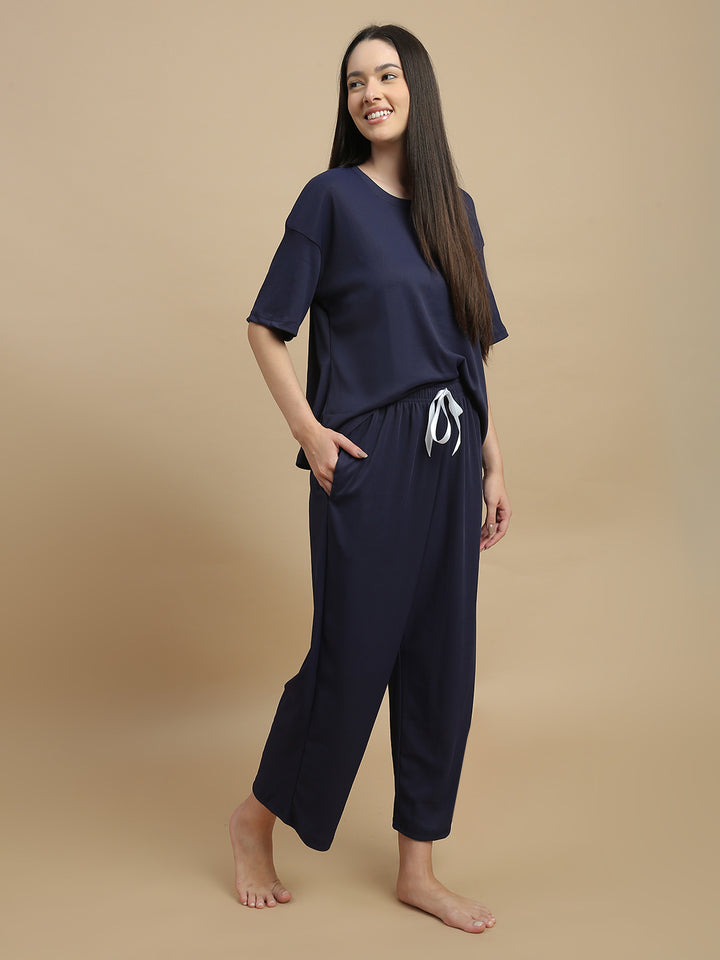 Blue Aura Solid Micro Rib Pyjama Set for Women
