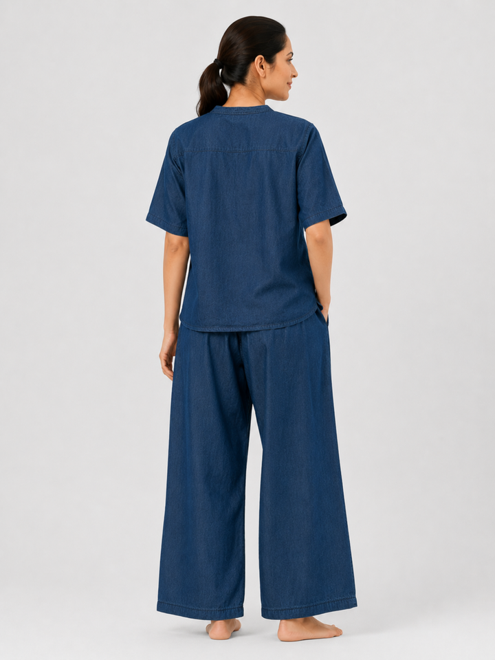 Dark Blue Denim Wash Cotton Co Ord Set for Women with Embroidery