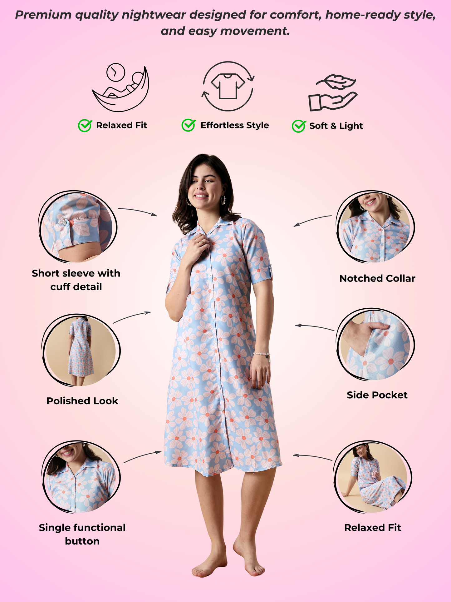 Fairy Garden Button Down Midi Nighty for Girls And Women