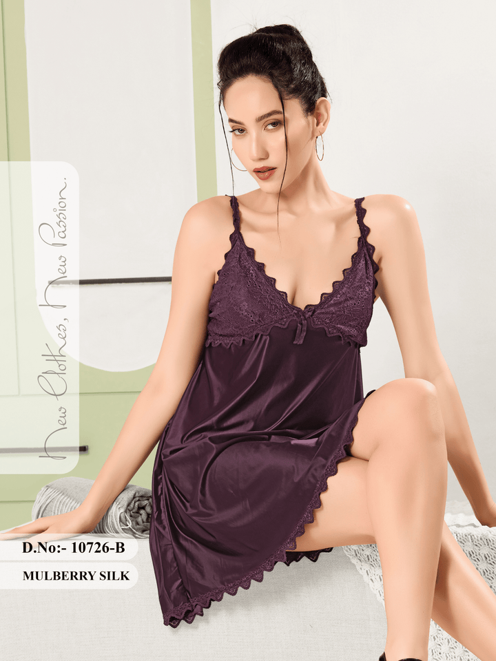 Mystic Plum Mulberry Silk Bridal Babydoll Dress with Lace Trim