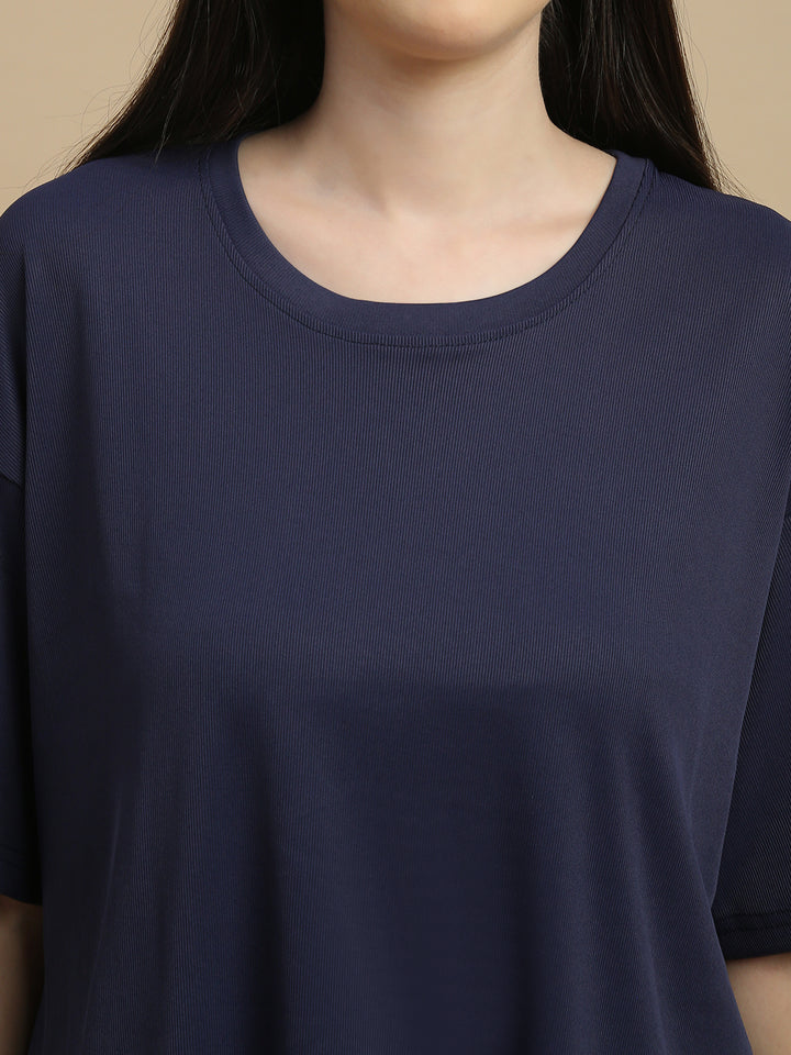 Blue Aura Solid Micro Rib Pyjama Set for Women