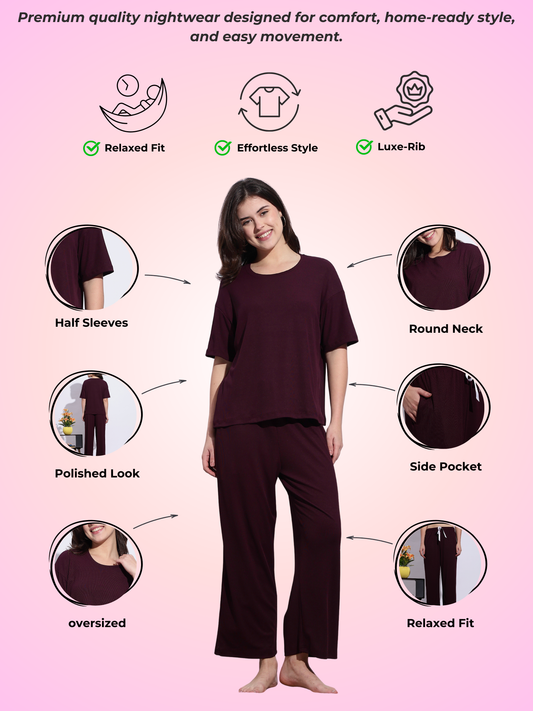 Berry Plum Luxe-Rib Solid PJ Set – Everyday Comfort