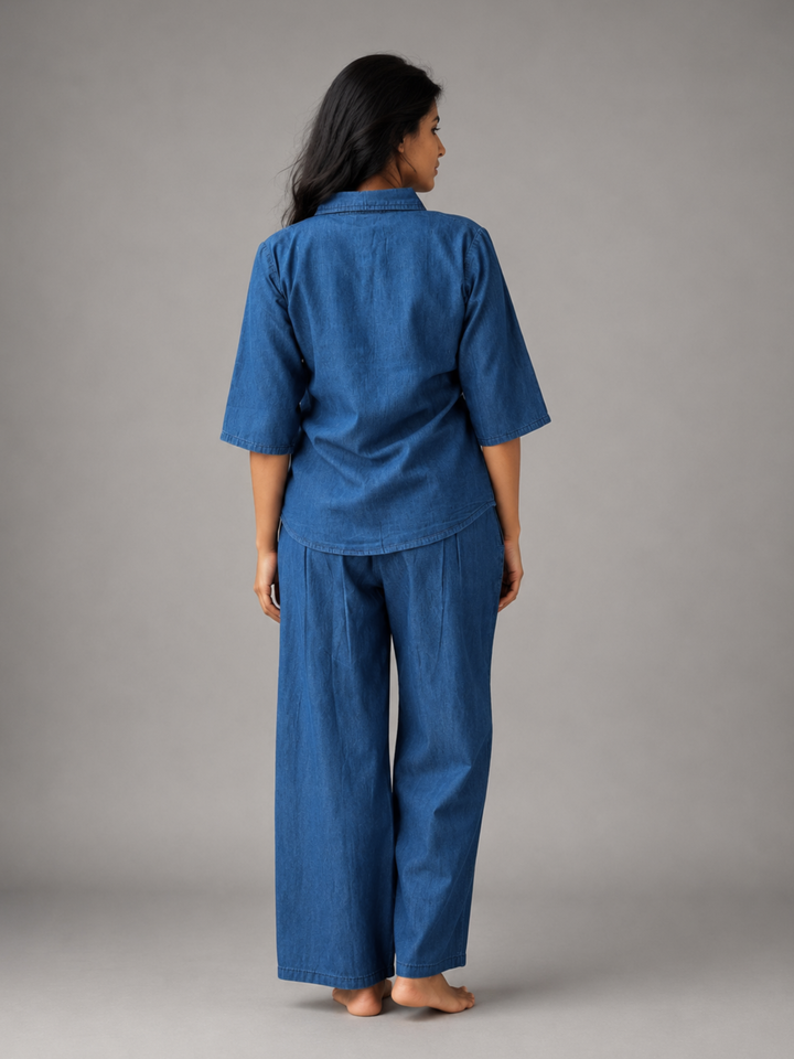 Light Blue Denim Co Ord Set for Women with Floral Embroidery