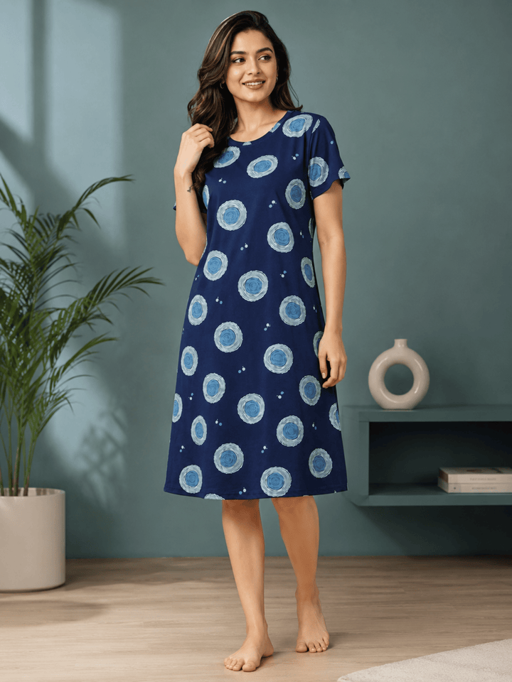 Blue Circle Long Polo Hosiery Cotton Printed Short Nighty for Women