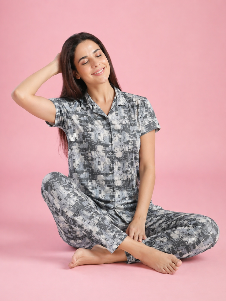 Urban Grey Gloss Malai Pajama Set Soft Collar Night Set