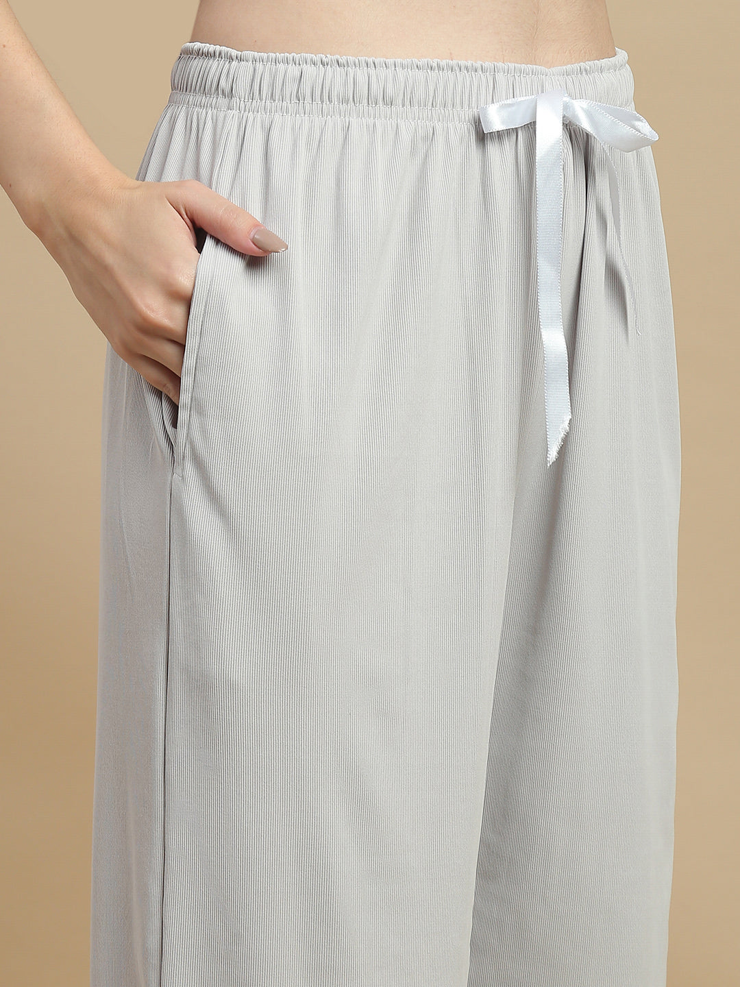 Pearl Grey Solid Micro Rib Pyjama Set for Women