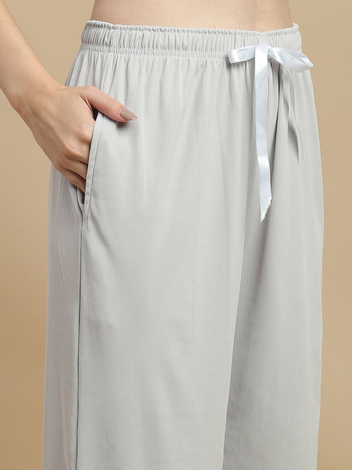 Pearl Grey Solid Micro Rib Pyjama Set for Women