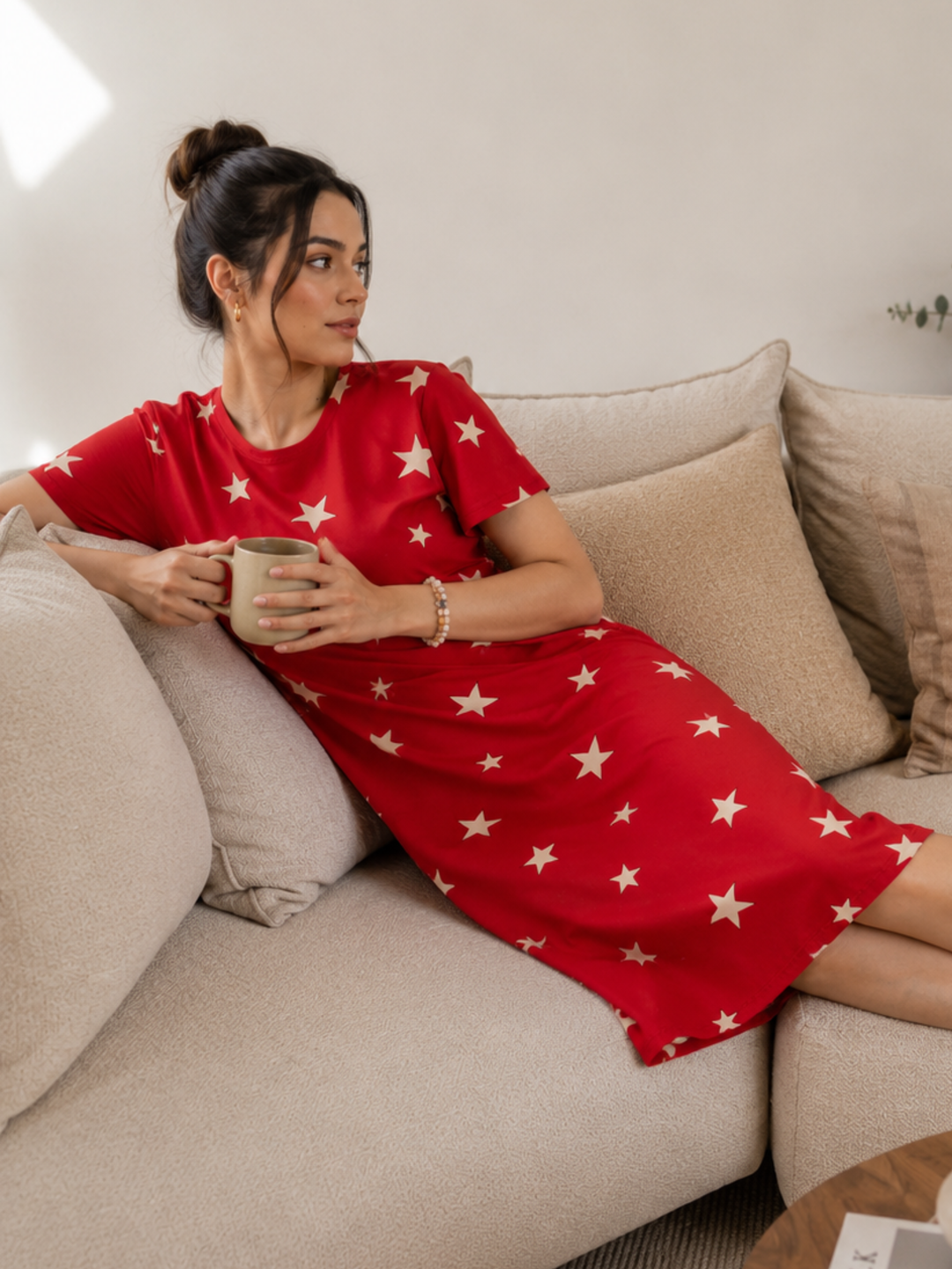 Red Star Printed Cotton Short Nighty for Women Comfortable Fit