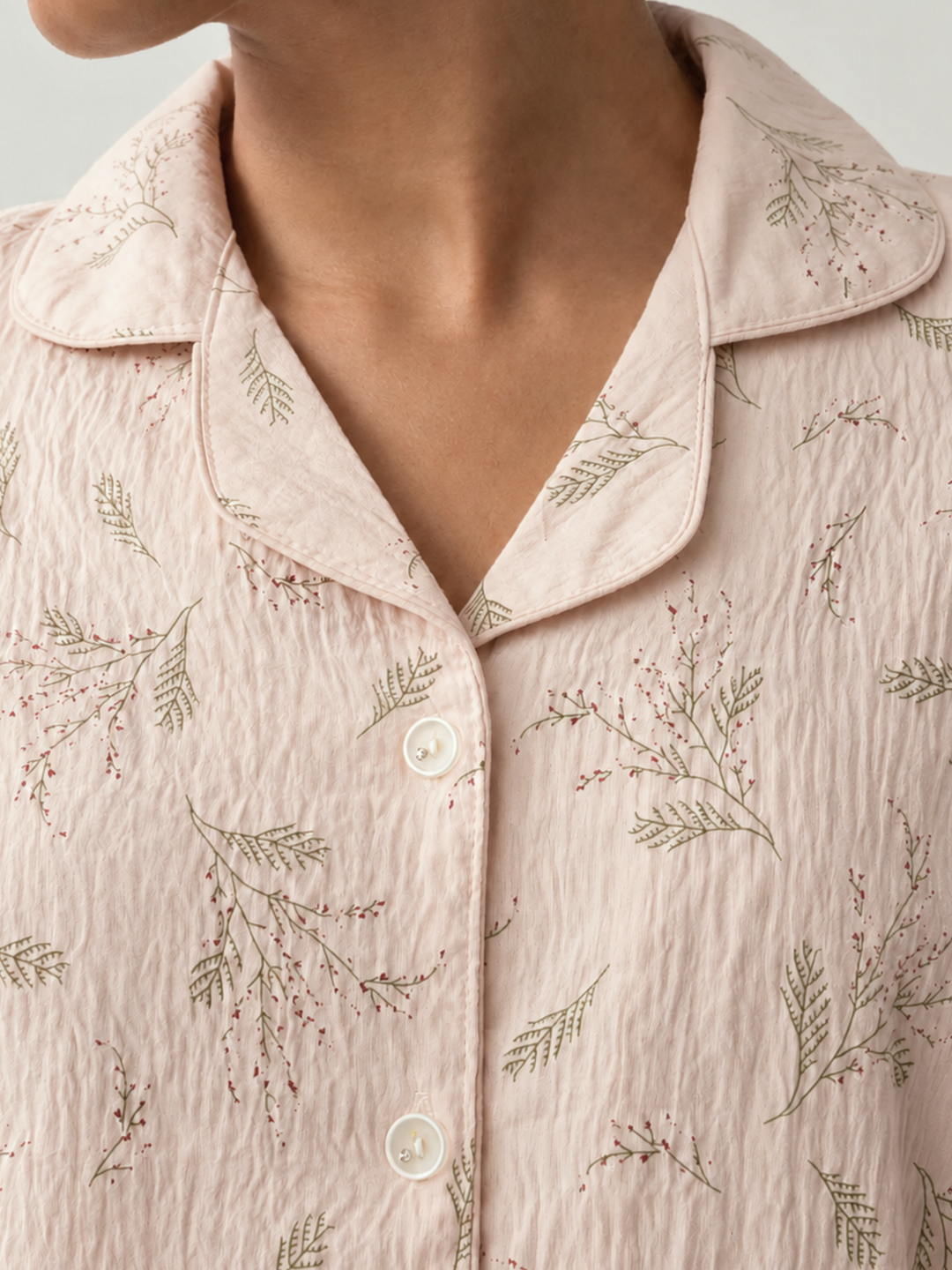Peachy Dream Crush Fabric Botanical Sprig Print Korean Night Suit for Women