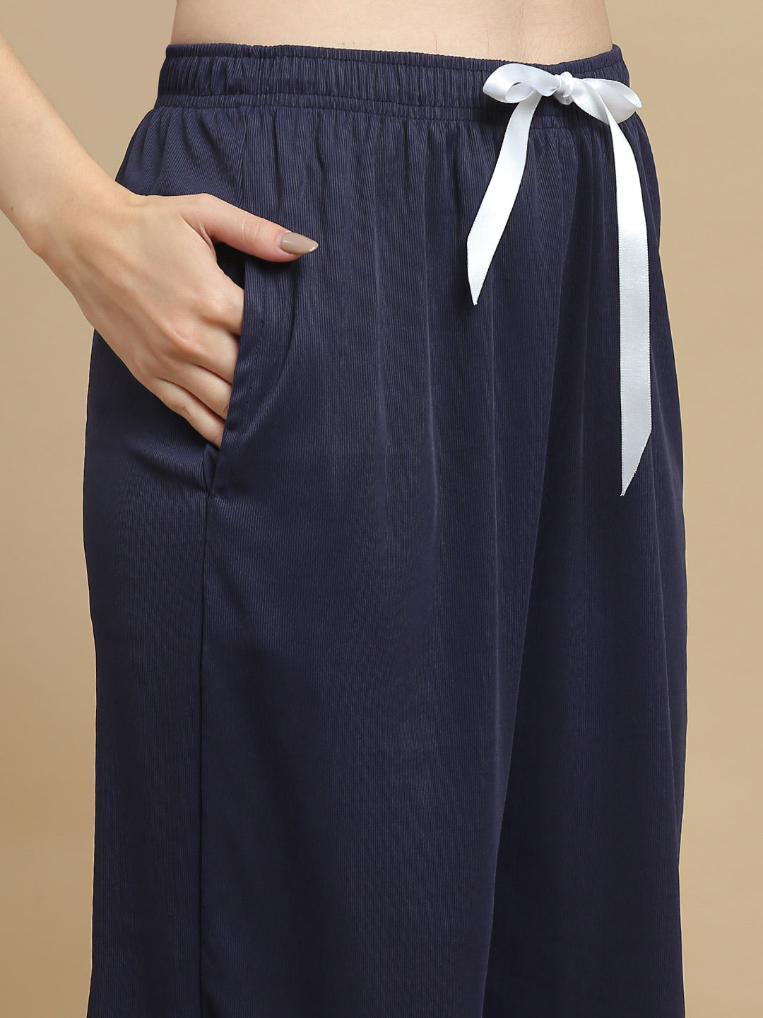 Blue Aura Solid Micro Rib Pyjama Set for Women