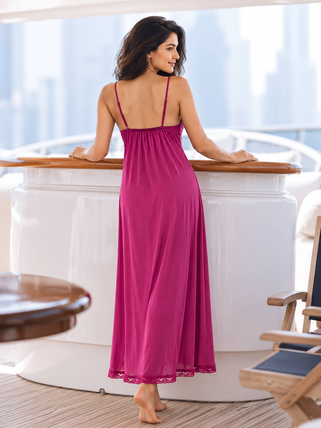 Blush Pink Malai Modal Slip Nightdress with Scalloped Lace Hem