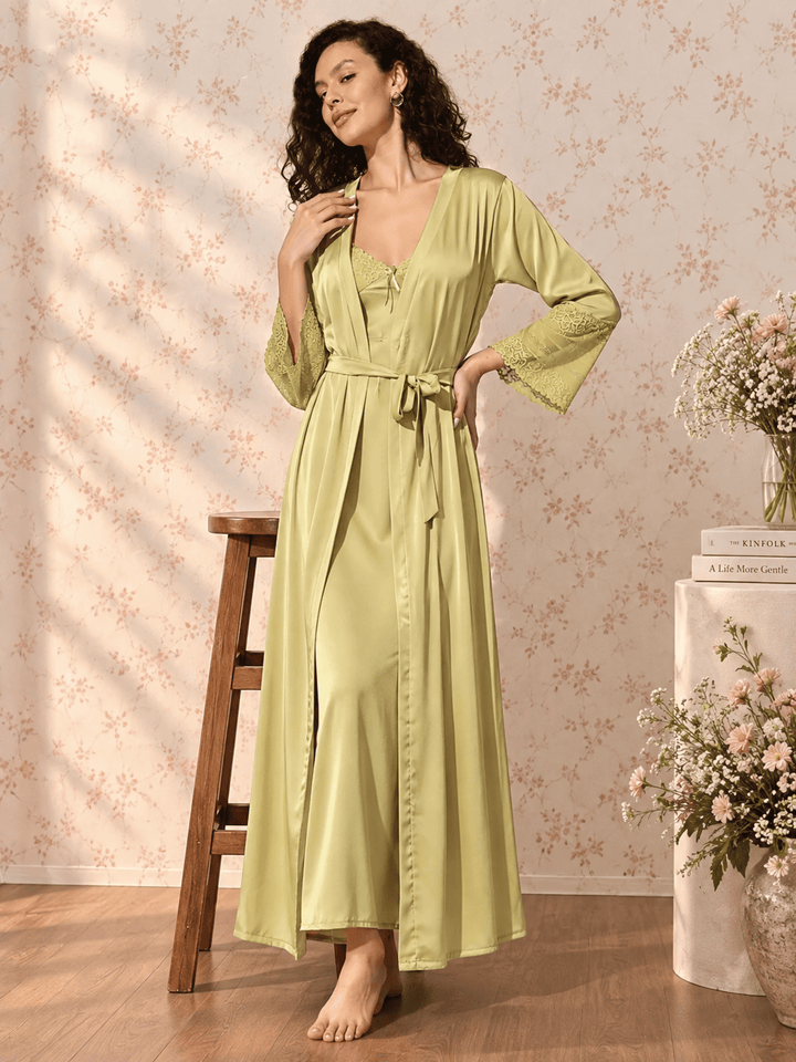 Shimmer Gold Satin Long Robe and Night Gown Set for Women