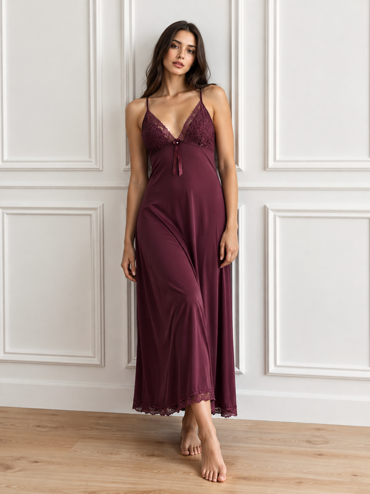 Vintage Wine Malai Modal Slip Nightdress with Romantic Lace