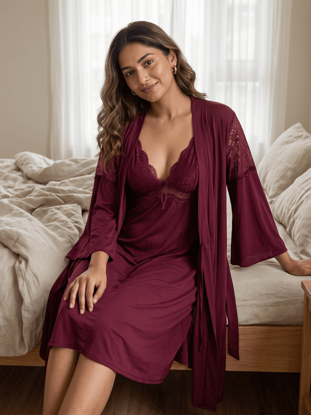 Merlot Magic Scalloped Lace Malai Babydoll Dress with Robe