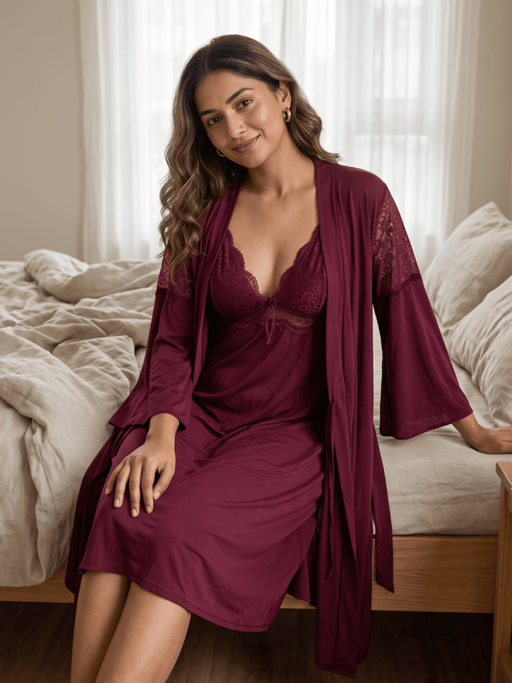Merlot Magic Scalloped Lace Malai Babydoll Dress with Robe