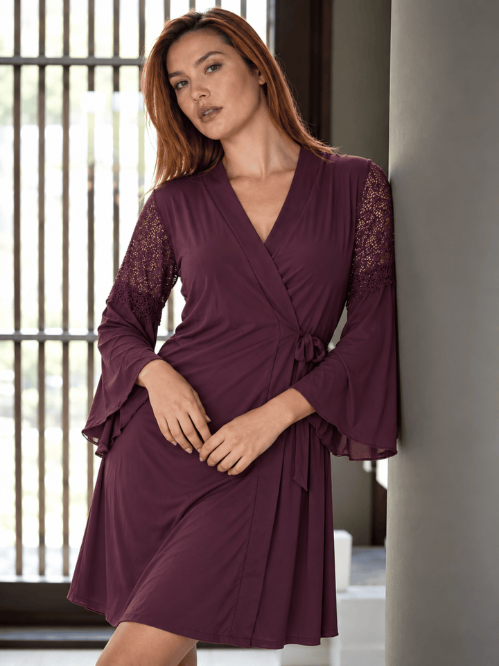 Purple Pout Floral Lace V-Neck Malai Babydoll Dress with Robe