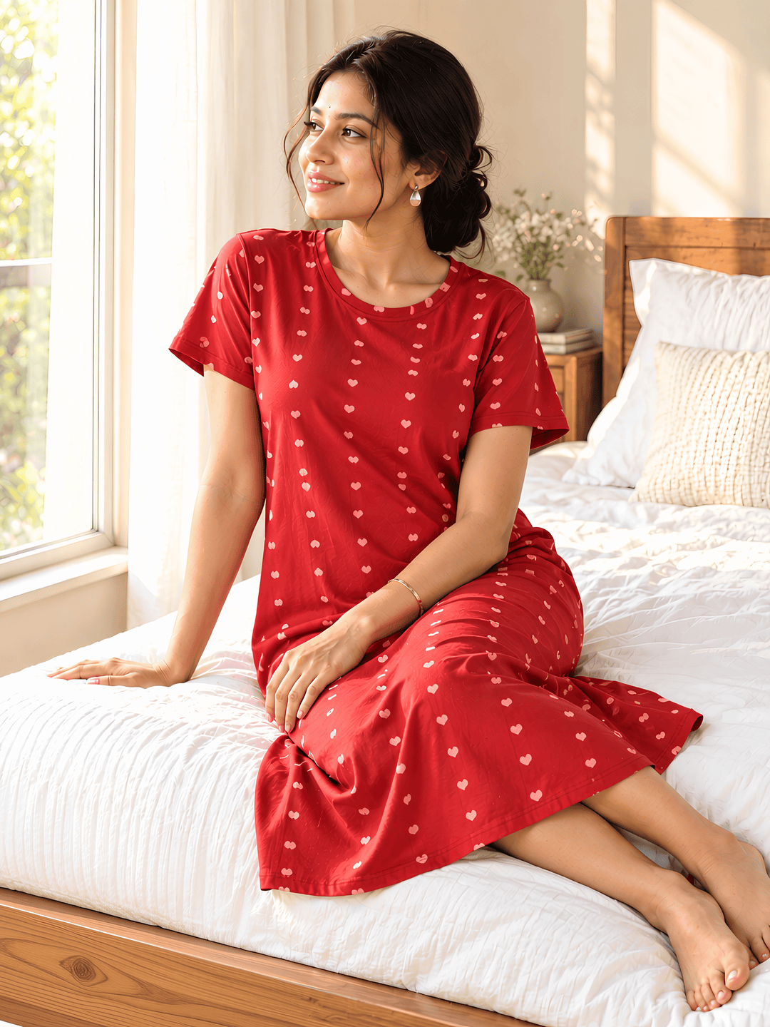 Sweetheart Print Cotton Short Nighty for Women