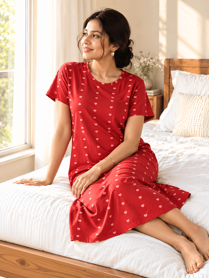 Sweetheart Print Cotton Short Nighty for Women