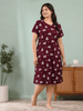 Maroon Heart Long Polo Hosiery Cotton Printed Short Nighty for Women