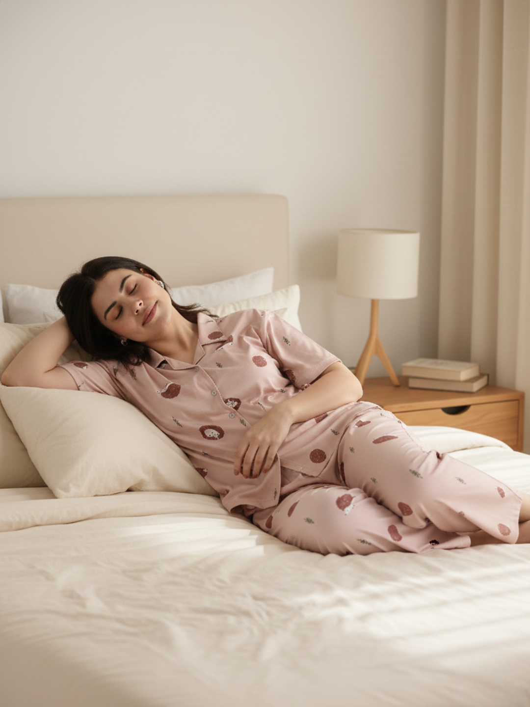 Warm Latte Hedgehog Print Soft-Lounge Set For Women