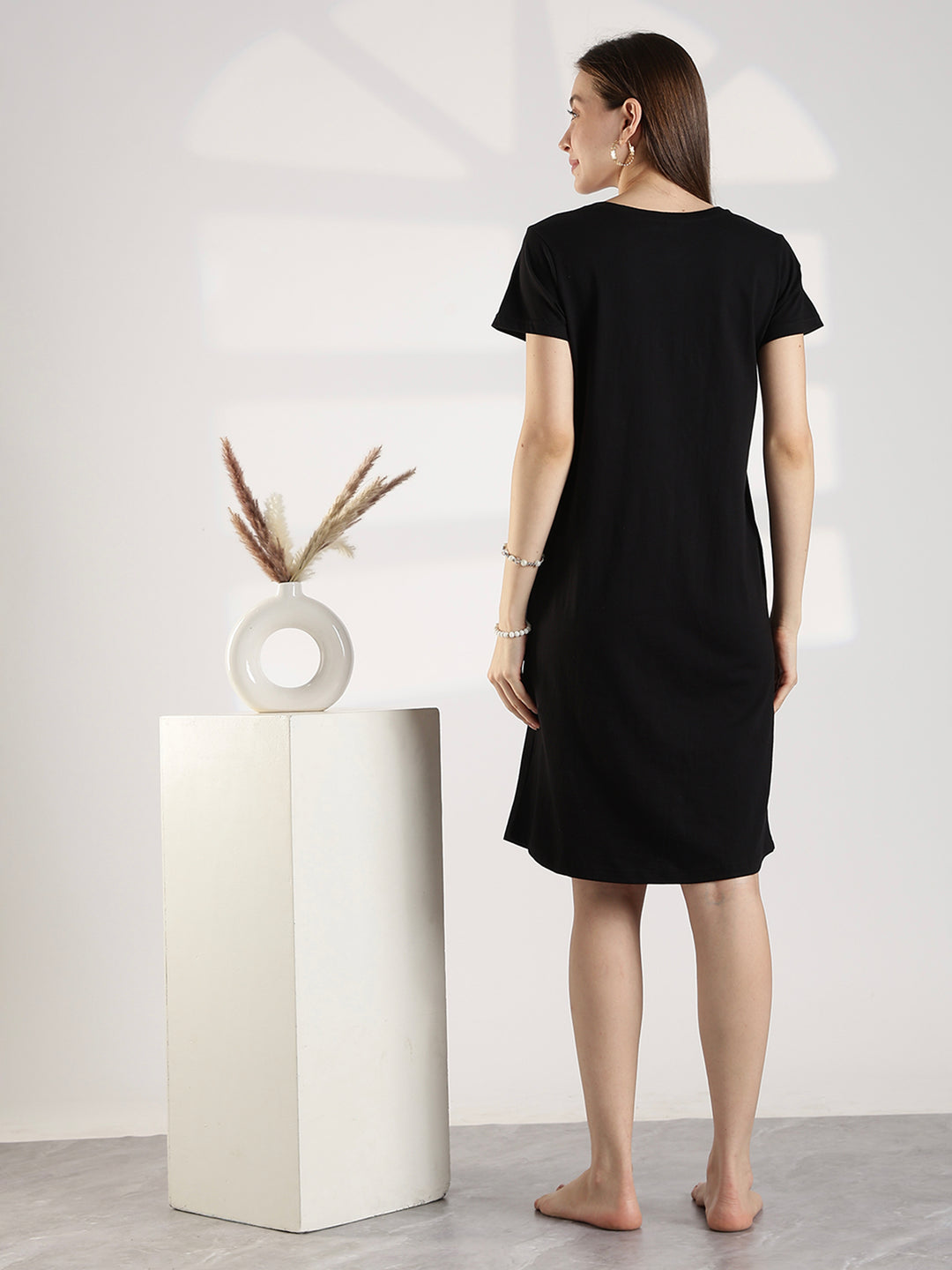 Black High Quality Cotton Knee Length Short Night Dress for Women