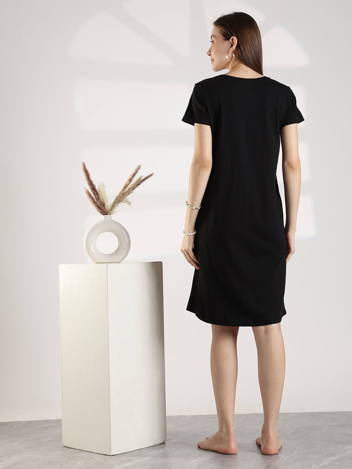 Black High Quality Cotton Knee Length Short Night Dress for Women