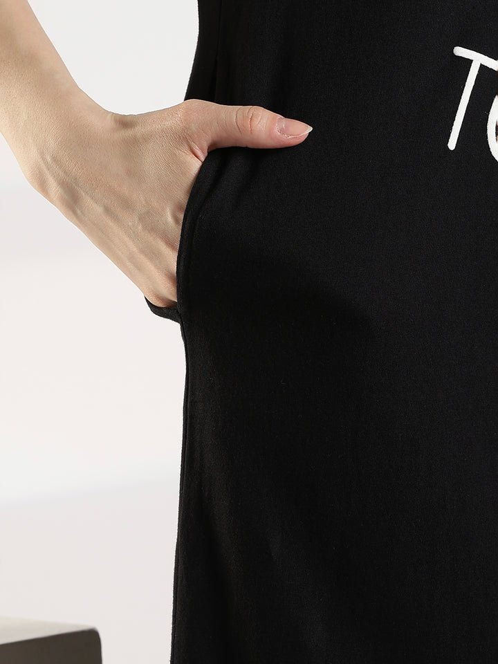 Black High Quality Cotton Knee Length Short Night Dress for Women