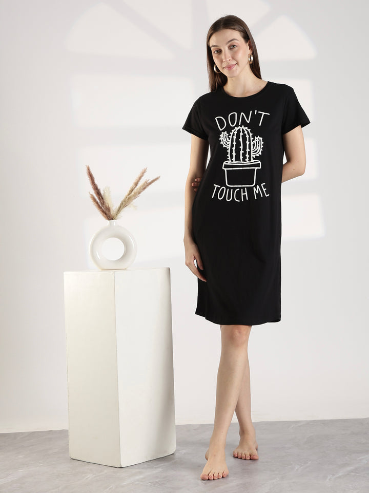 Black High Quality Cotton Knee Length Short Night Dress for Women