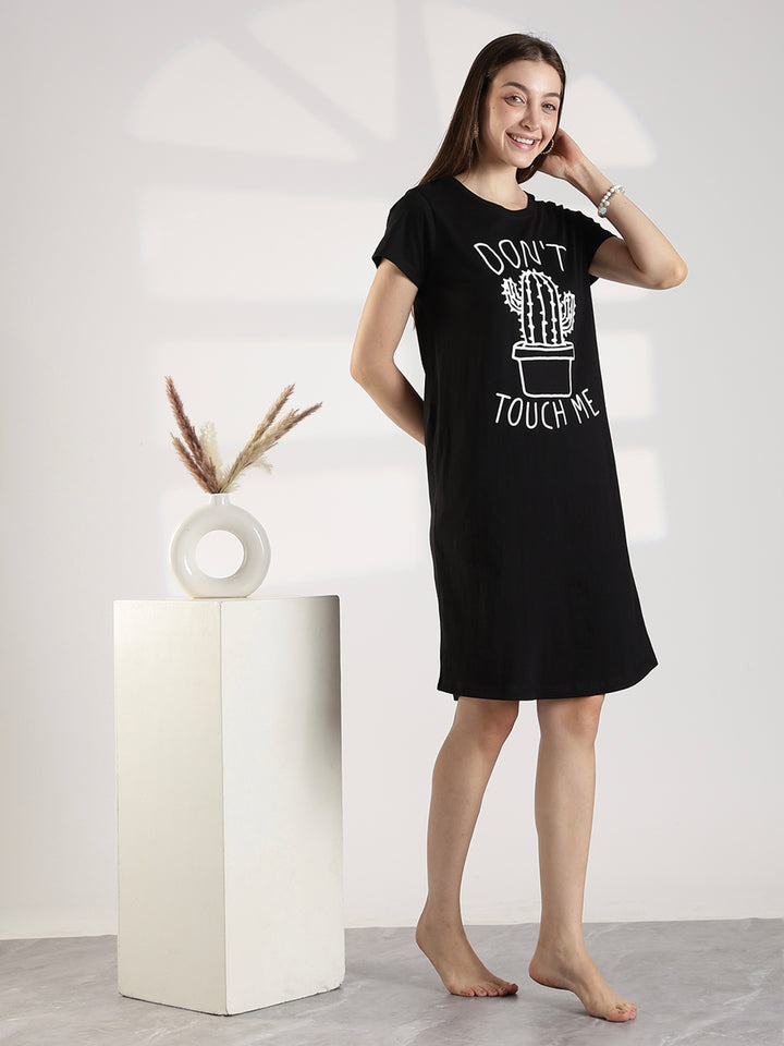 Black High Quality Cotton Knee Length Short Night Dress for Women