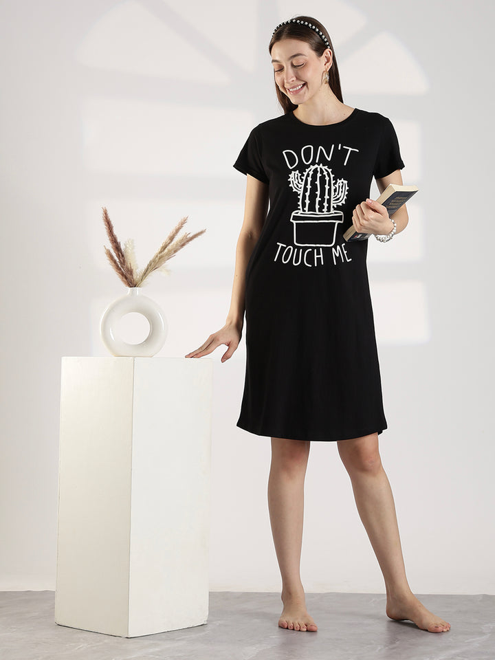 Black High Quality Cotton Knee Length Short Night Dress for Women