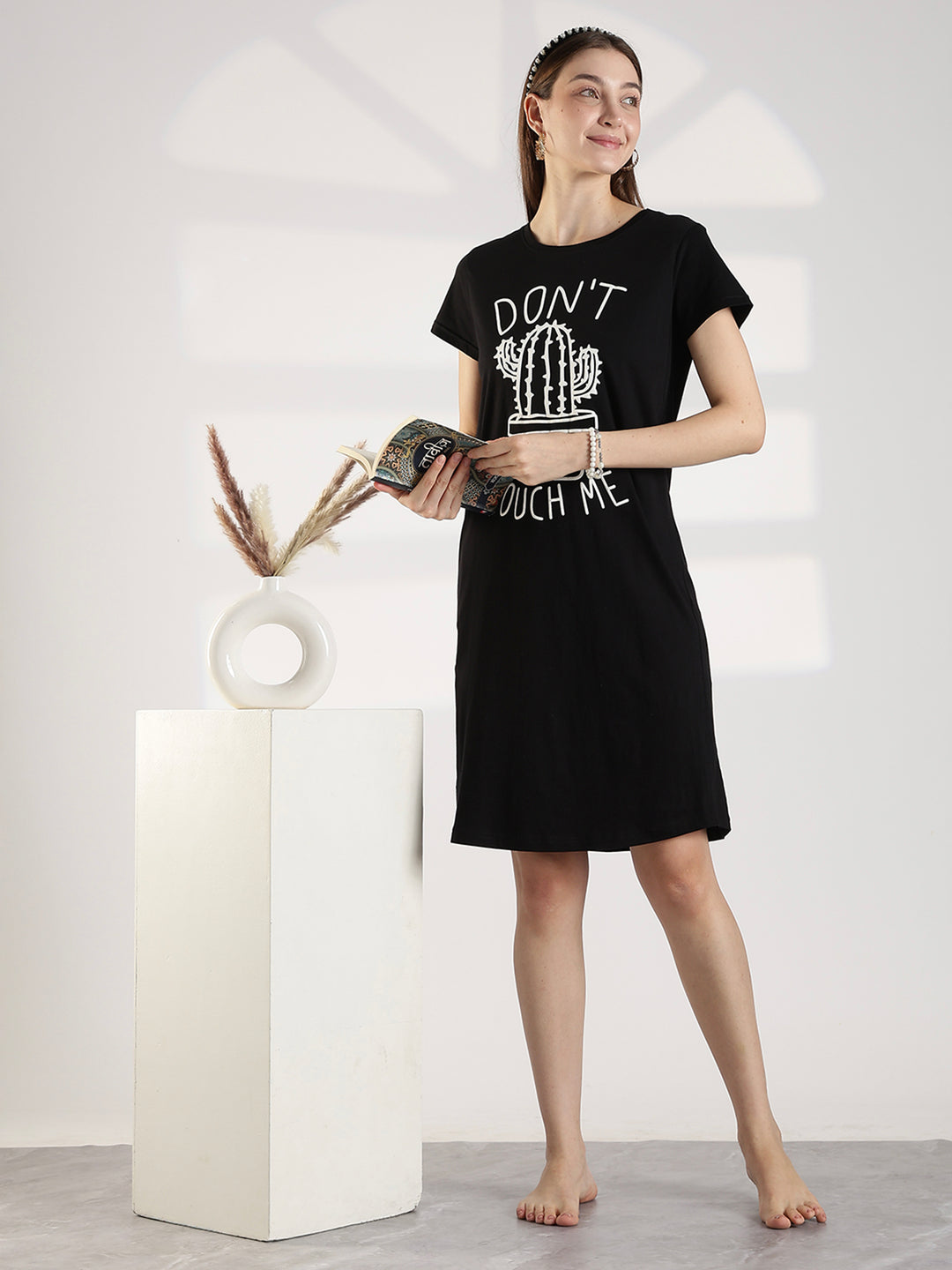 Black High Quality Cotton Knee Length Short Night Dress for Women