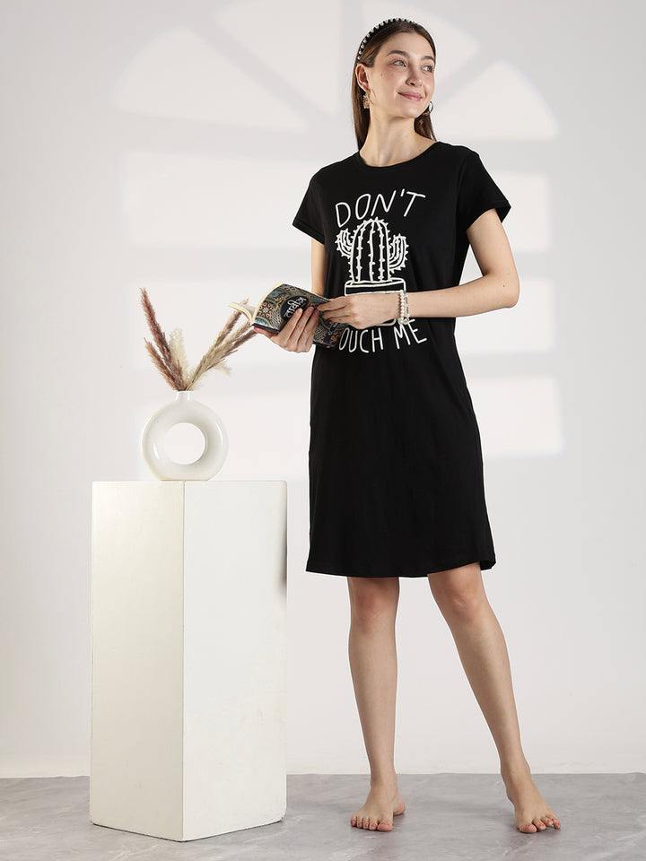 Black High Quality Cotton Knee Length Short Night Dress for Women