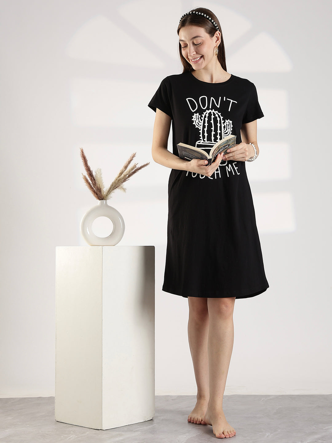 Black High Quality Cotton Knee Length Short Night Dress for Women