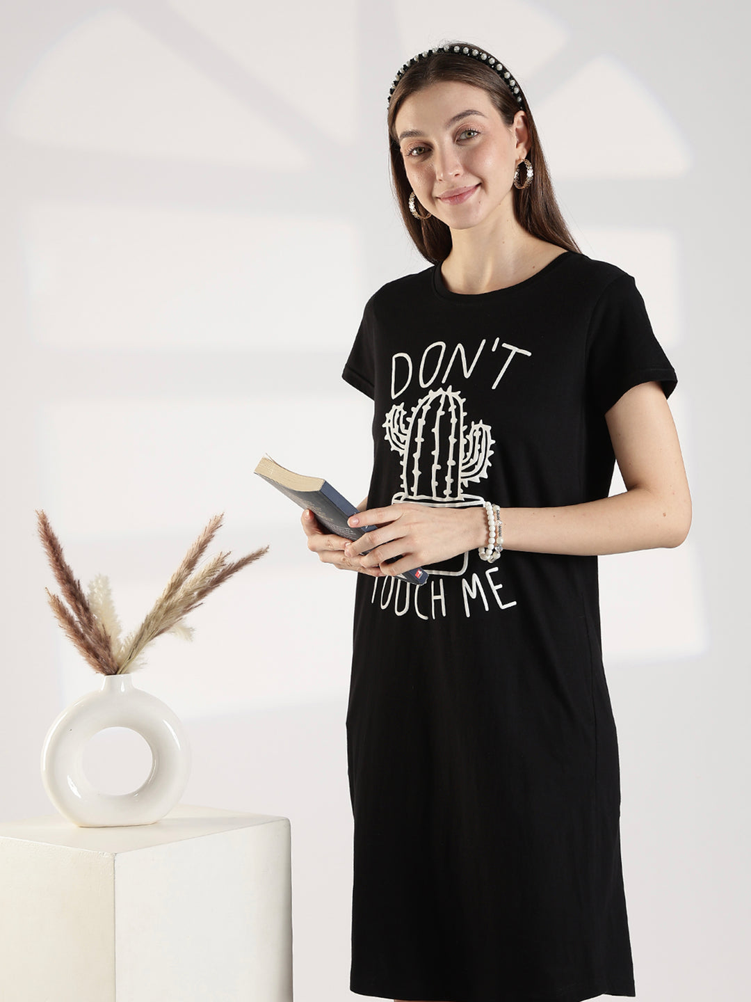 Black High Quality Cotton Knee Length Short Night Dress for Women