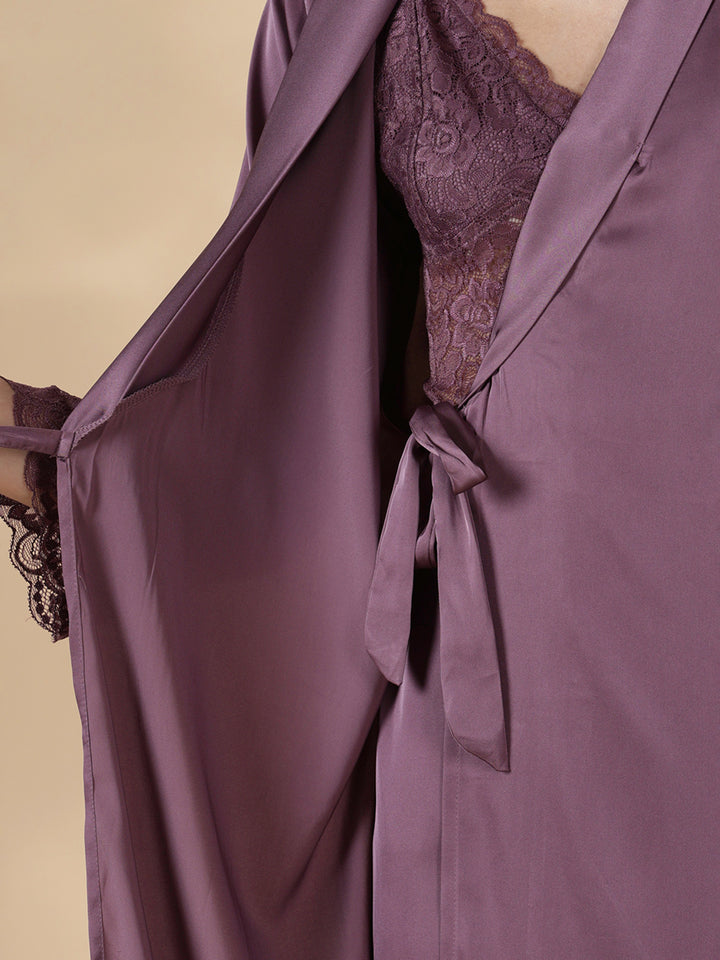 Satin Designer Nighty for Women with Lace Robe and Slip Set