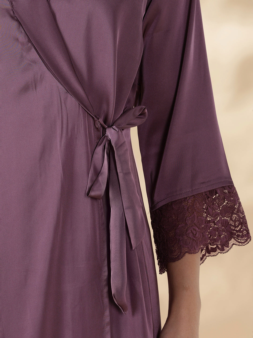 Satin Designer Nighty for Women with Lace Robe and Slip Set