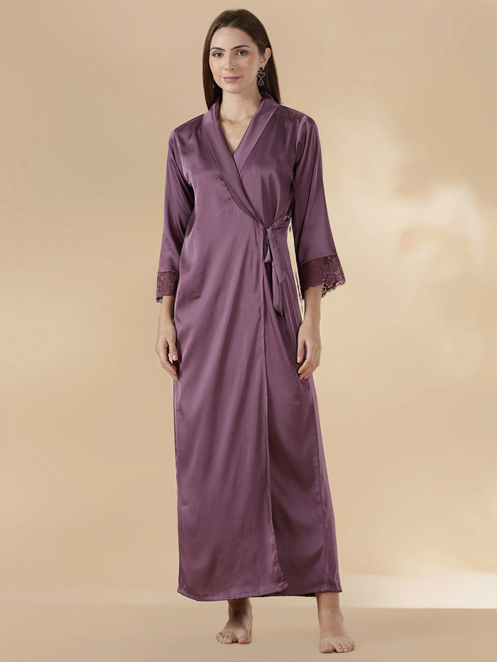Satin Designer Nighty for Women with Lace Robe and Slip Set