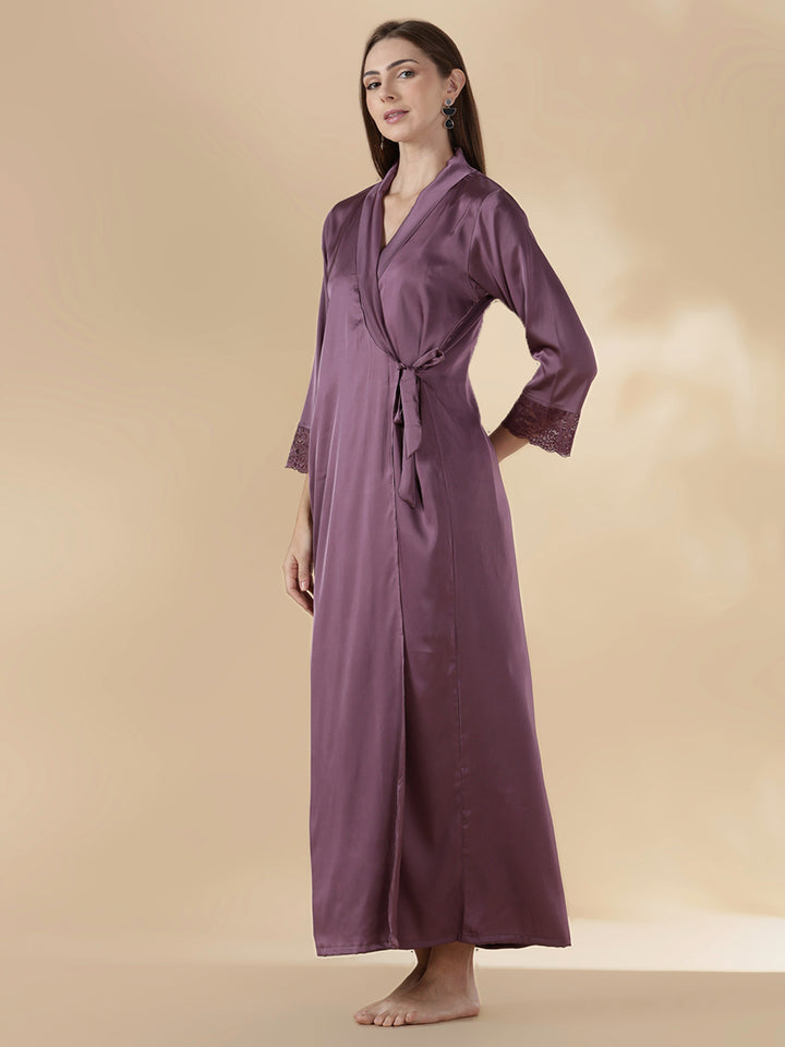Satin Designer Nighty for Women with Lace Robe and Slip Set