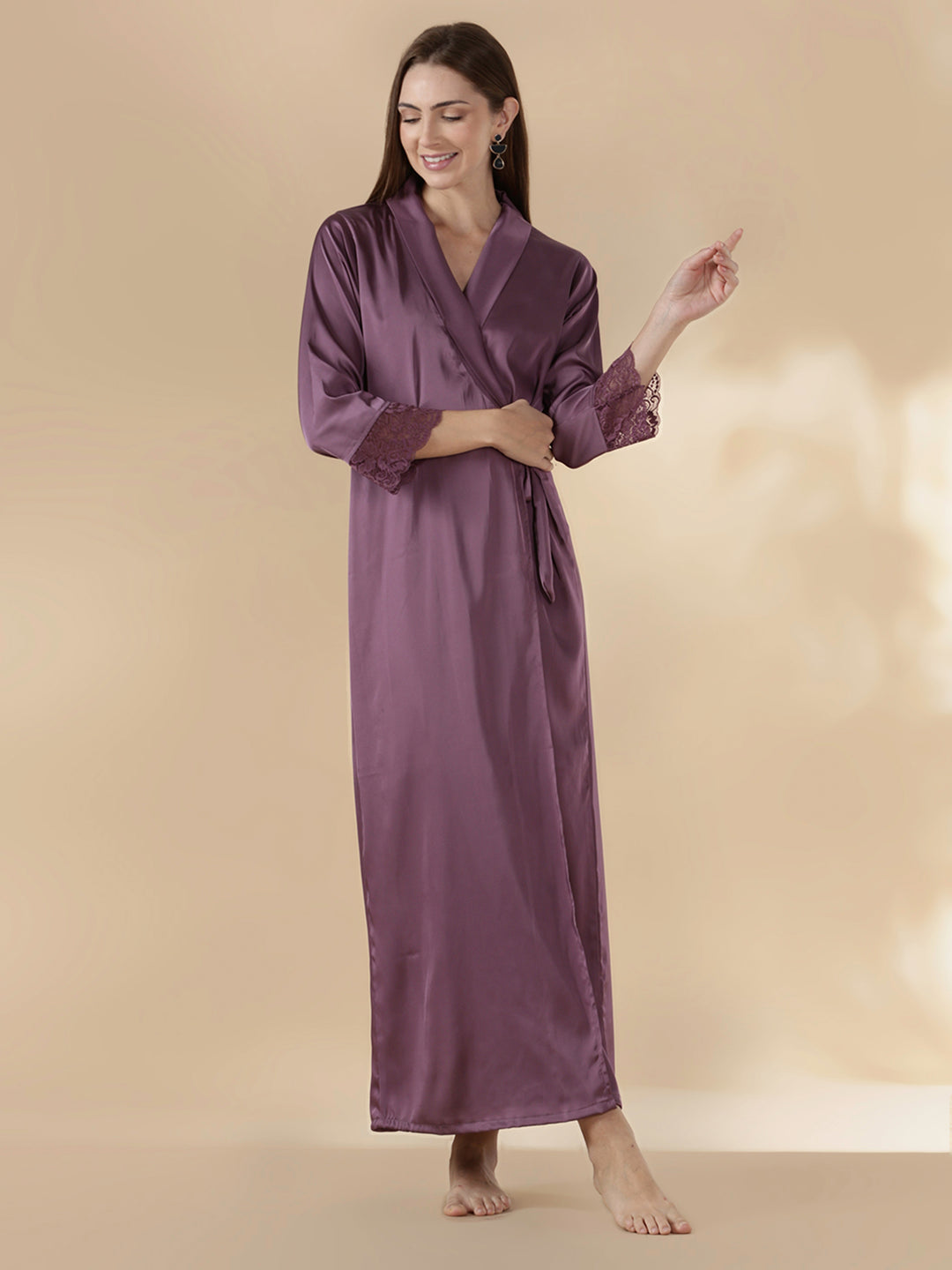 Satin Designer Nighty for Women with Lace Robe and Slip Set