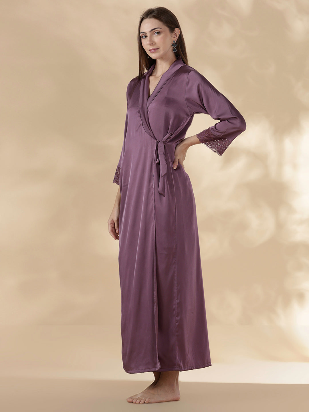 Satin Designer Nighty for Women with Lace Robe and Slip Set