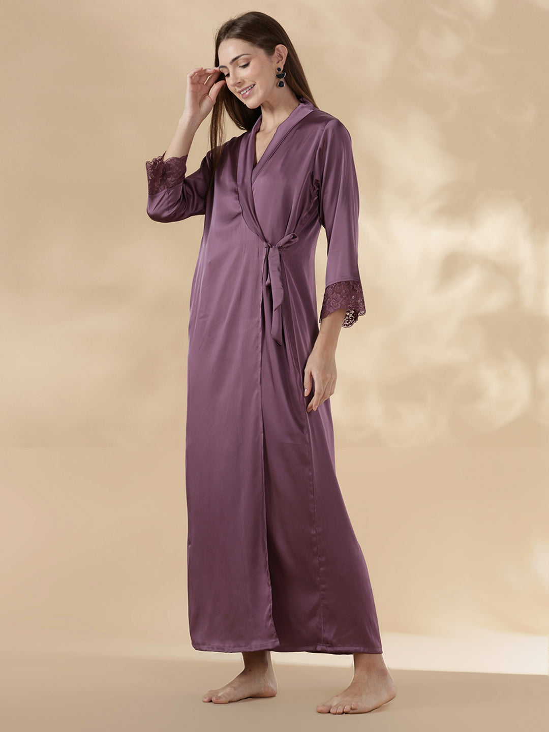 Satin Designer Nighty for Women with Lace Robe and Slip Set