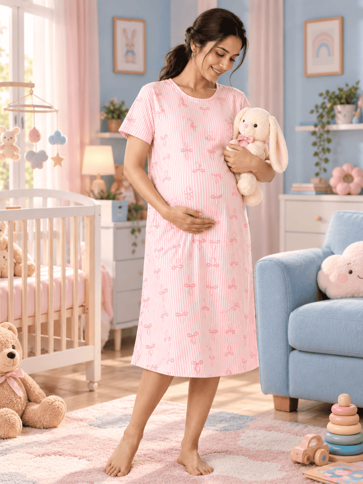 Pretty in Pink Bow Print Gloss Malai Nighty for Women