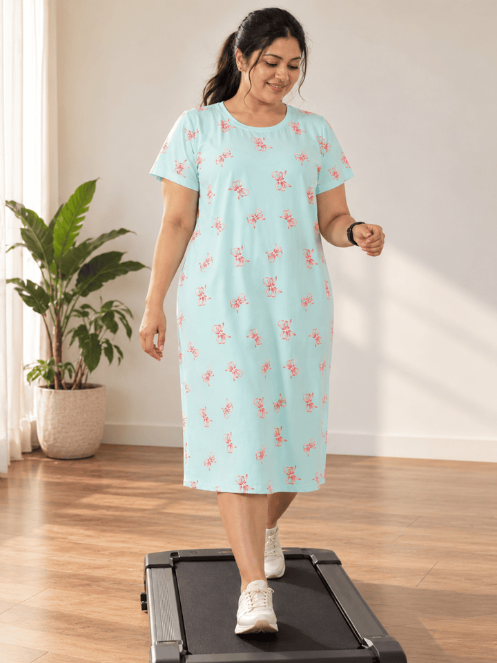 Tiffany Blue Bow Print Gloss Malai Short Nighty for Women