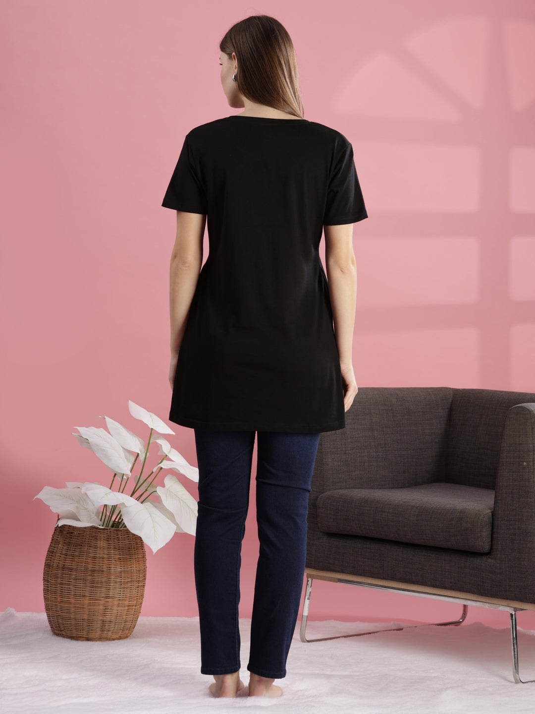 Long Black Cotton T-Shirt for Women with Side Pockets
