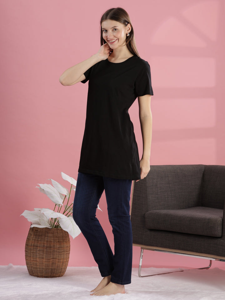 Long Black Cotton T-Shirt for Women with Side Pockets