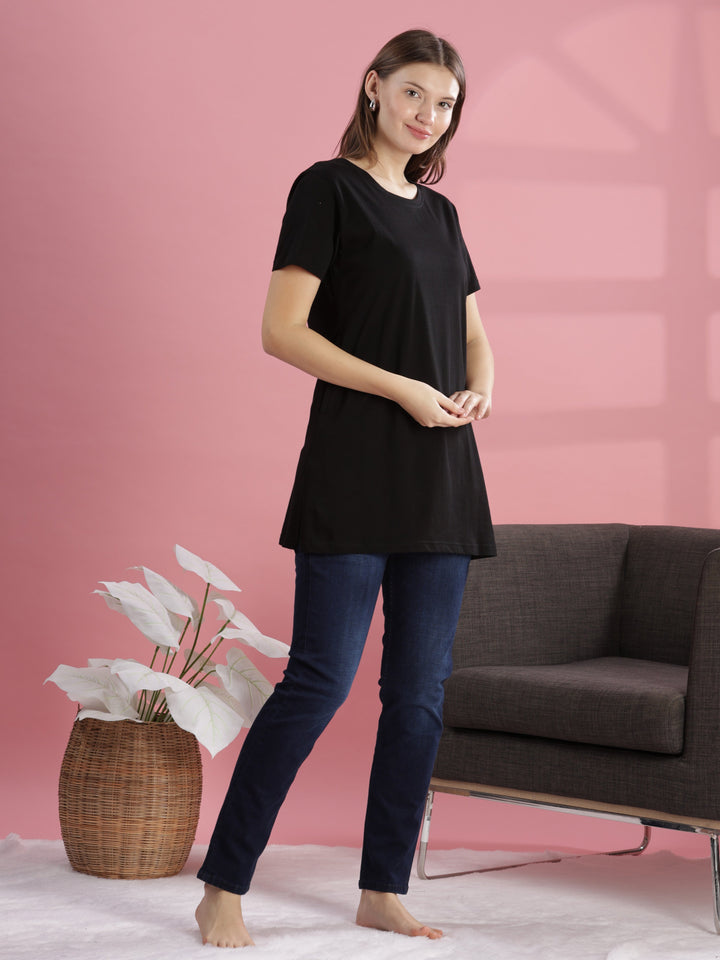 Long Black Cotton T-Shirt for Women with Side Pockets