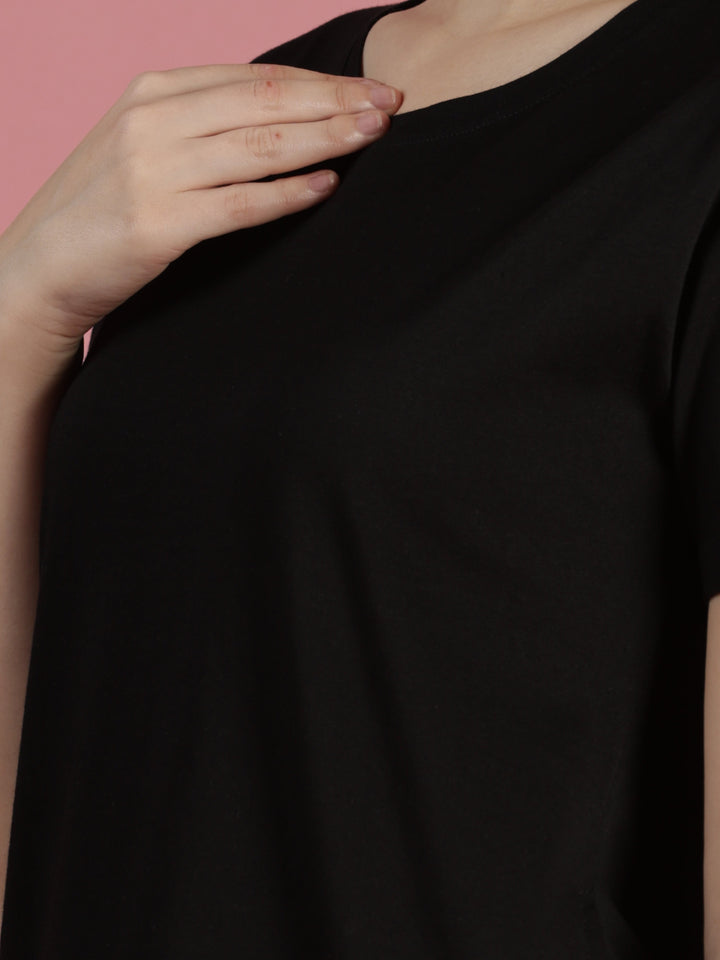Long Black Cotton T-Shirt for Women with Side Pockets