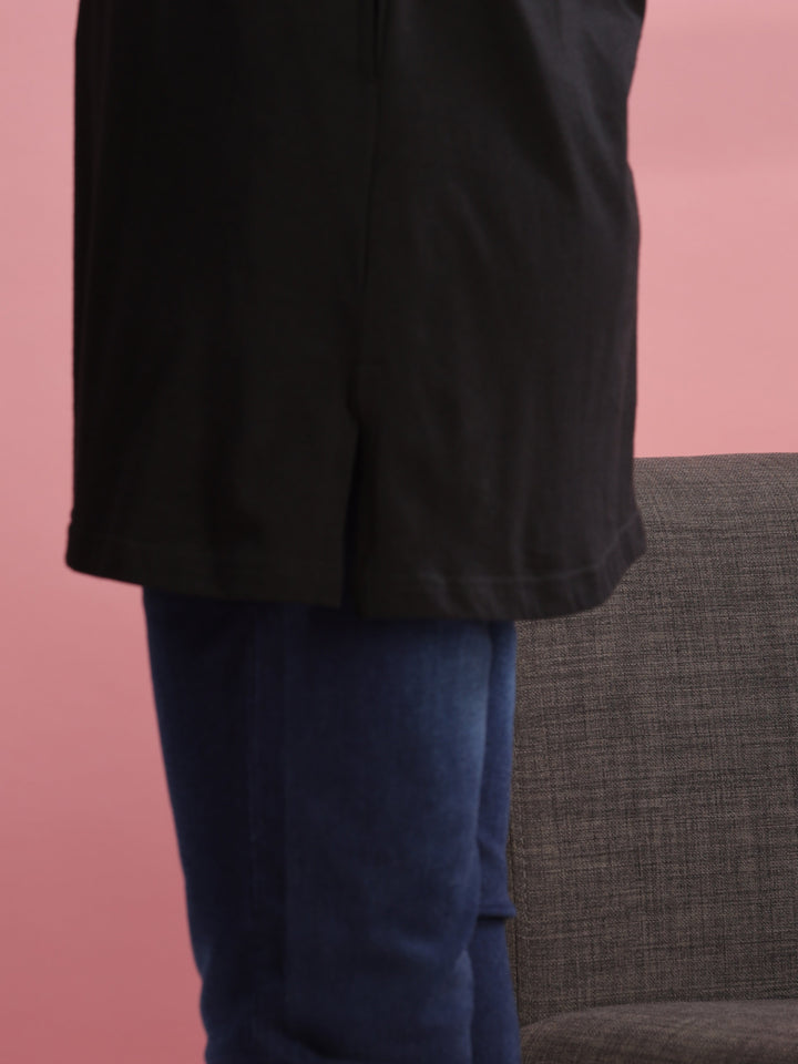 Long Black Cotton T-Shirt for Women with Side Pockets